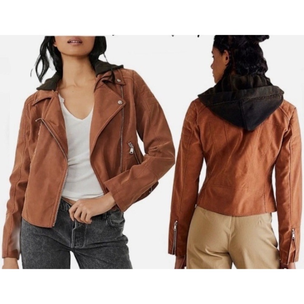Free People Harriet Hooded Vegan Leather Moto Jacket Chocolate Large NWT
